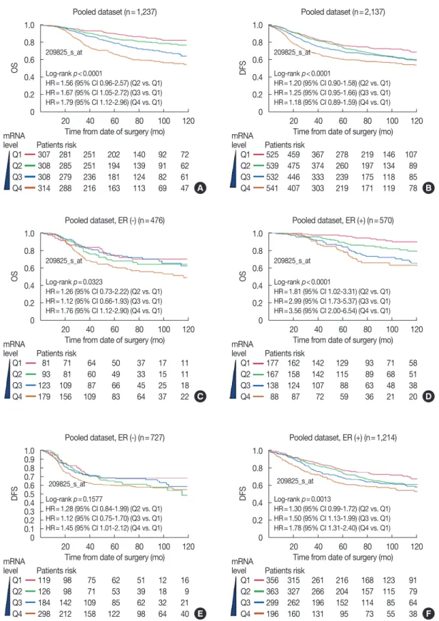 Figure 4. The prognostic significance of UCK2 in breast cancer. Multivariable Cox regression analyses of UCK2 with overall survival (OS) (A) and  disease-free survival (DFS) (B) in patients with adjustment for age, grade and estrogen receptor (ER) status