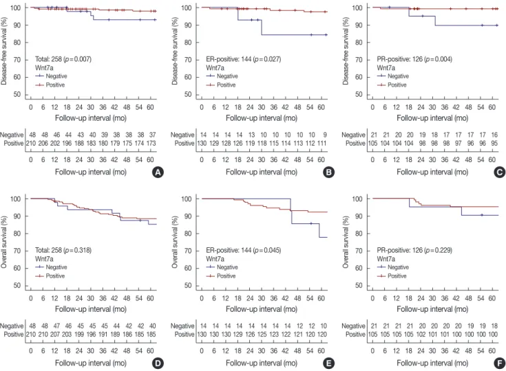 Figure 3. Patients’ survival according to Wnt7a expression. Kaplan-Meier curves representing disease-free survival in all cases (A), the estrogen re- re-ceptor (ER)-positive group (B) and the progesterone rere-ceptor (PR)-positive group (C) and overall sur