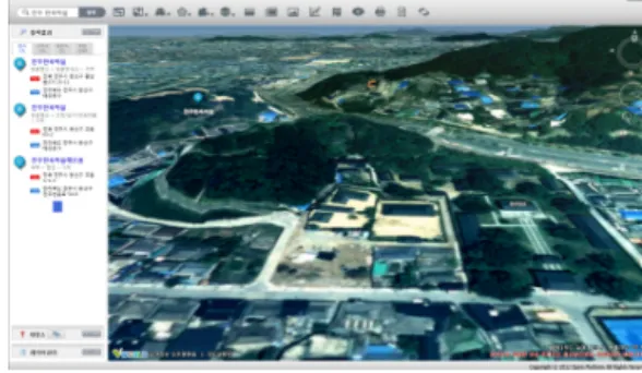 [그림  3]  한옥  객체  3차원  구축  흐름도 3.3.1. 지역 추가 스케치 업에서 제공하는 지역 추가(Add location)  기능을 이용해 구글어스에서 대상지역 찾아 해당  건물이 포함된 항공사진을 불러온다
