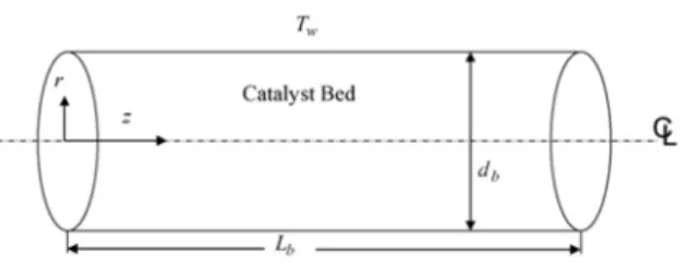 Fig. 1. Schematic of the modeling domain in  the reactor. 여기서, U는  가스혼합물의  평균속도이고,  ε은         로 주어지는 촉매다공율이다