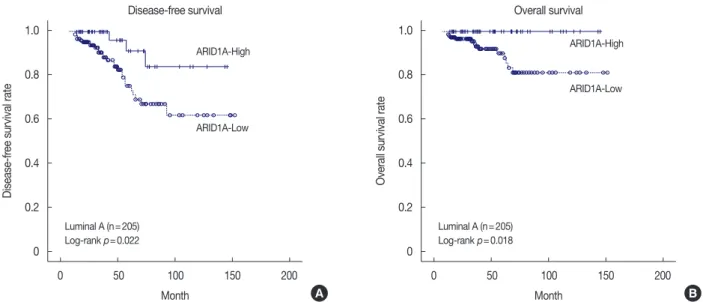 Figure 3. Kaplan-Meier survival curve for AT-rich interactive domain 1A (ARID1A) in patients with luminal A type disease (n=205)