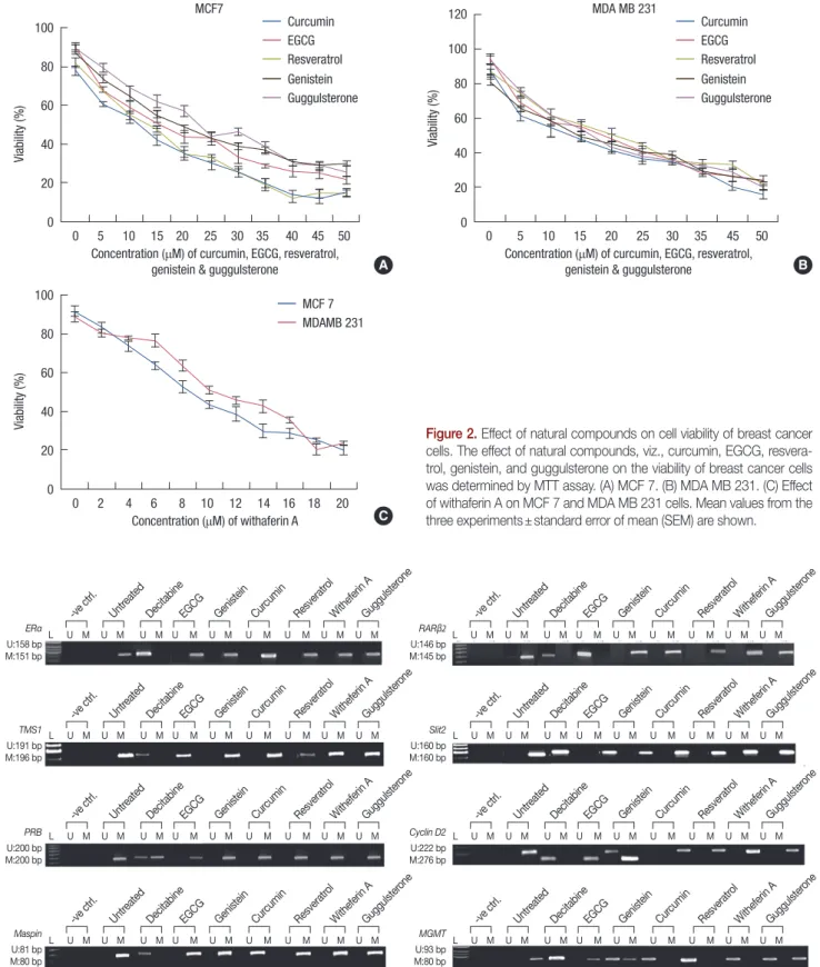 Figure 3. Effect of natural compounds on the methylation status of ER α, TMS1, PRB, Maspin, RARβ2, SLIT2, Cyclin D2, and MGMT
