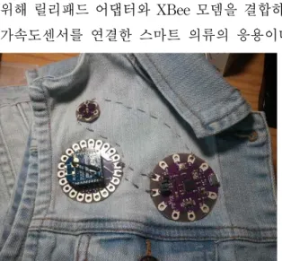 그림 7. 릴리패드와 무선 모듈 그림 6. 릴리패드에 무선 XBee를 부착한 시스템 2.4 릴리패드의 주변 장치 모듈과 무선 모듈 릴리패드에 부착 가능한 시판 되고 있는 입출력 모듈의 예는 그림 5와 같다.릴리패드에 무선기능을 추가하려면 그림 5와 같이XBee 무선 모뎀과 어댑터가 필요하다