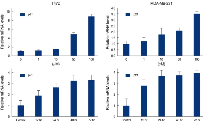 Figure 4. Real time quantitative analysis for p21 mRNA of genistein-treated T47D and MDA-MB231 cells