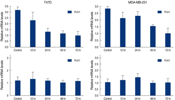 Figure 6. Real time quantitative analysis for PLK1 mRNA and CHK1 mRNA of genistein-treated T47D and MDA-MB231 cells