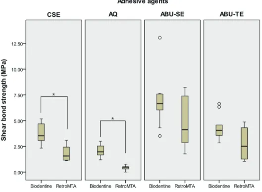 Fig. 3. Comparison of shear bond strength of the samples according to calcium silicate- based materials