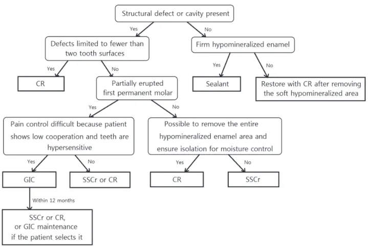 Fig. 2. Treatment protocol for MIH-affected teeth. Sealant = resin sealant; CR = composite resin; GIC = resin-reinforced glass  ionomer cement; SSCr = stainless steel crown.