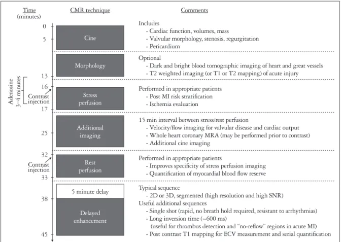 Fig. 1. Timeline and potential components of a multitechnique CMR examination including stress and rest perfusion imaging