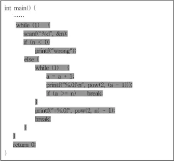 Fig. 8. The Execution Paths of the 2 nd  Submitted Answer int  main()  {       ……         while  (1)      {         scanf("%d",  &amp;n);         if  (n  <  0) printf("wrong");               else  { while  (1)      {         a  =  a  +  