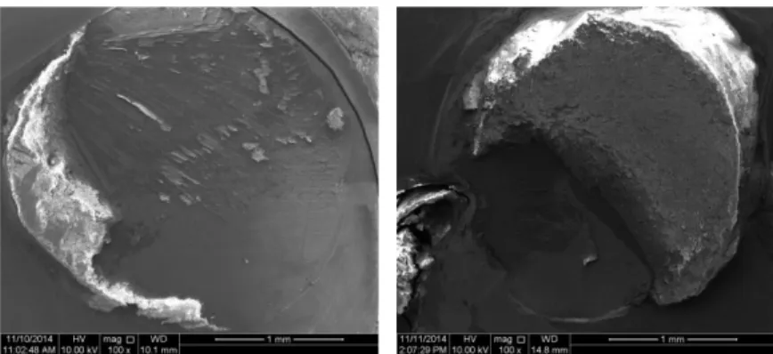 Fig. 5. Scanning electron photomicrographs of representative failure mode in SDR (sureFil SDR flow) group (Left: mixed failure, Right: cohesive failure)