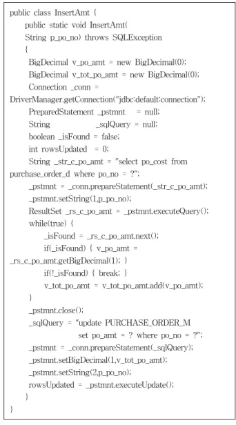 Fig.  8과  같이  PDBORCL에서  PurchaseOrder로  Converting 한  후,  Loadjava를  수행한다.  Converting은  PDBORCL에서  PL/SQL로  작성된  저장  프 로시저와  트리거를  SAM  File로  수집하여  자료저장소에  저장 한  후  Java  코드로  전환하는  과정이다