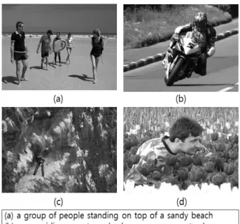 Fig. 7. Some Results of Caption Generation  Fig.  7은  새로운  이미지를  Flickr30k  데이터로  학습된  모 델에  적용하여  캡션  생성을  수행한  결과이다