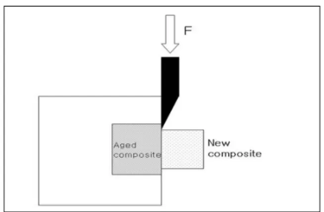 Fig. 1. Experimental setup and configuration of the specimens;  shear  force  was  applied  directly  at  the composite - composite interface.