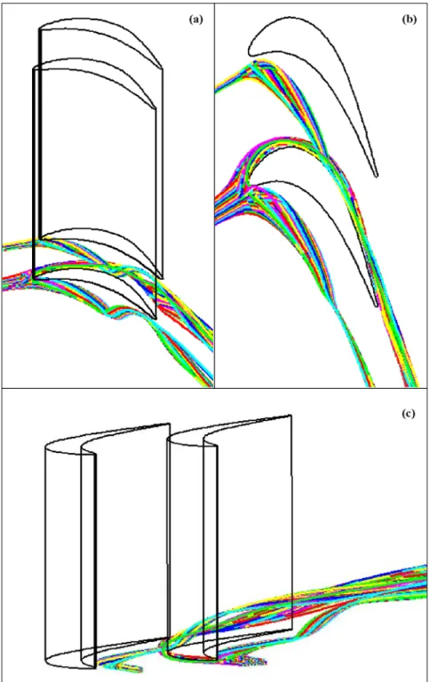 Fig. 3.10 Particle trace through the passage for cascades without tip clearance (STAR-CD)