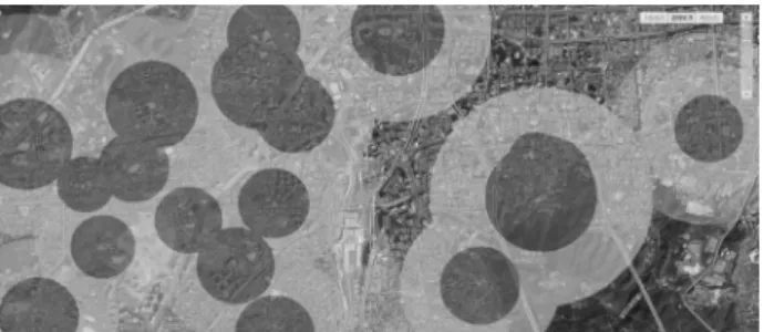 Fig. 14. Visualization of population distribution on Kangnam 3gu Fig. 13. A result of the proposed buffering Analysis