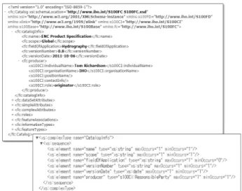 Fig. 5. XML Schema &amp; feature catalogue XML베이스의  접속,  도메인의  조회  및  선택,  선택한  도메인의  개념  용어  수집을  순차적으로  처리하도록  설계하였다.3) 바인딩 모듈피처  카탈로그는  해당  도메인의  데이터를  구성하는  피처 요소들을  속성  요소와  속성  값으로  특성을  한정하여  명세한 것으로,  해당  도메인의  데이터  셋을  제작할  때  피처에  대해 기술하는  기준이  된
