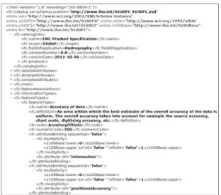Fig. 9. Snapshot of the IHO’s Feature Catalogue XML  document  Fig.  8,  Fig.  9는  피처  카탈로그  빌더를  이용하여  제작,  생 성한  피처  카탈로그와  국제수로기구의  S-101  피처  카탈로그 를  각각  나타낸다