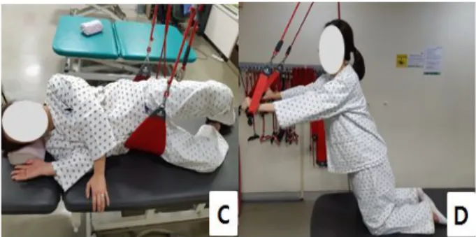 Figure 3. Sling exercise (C: clam shell exercise, D: