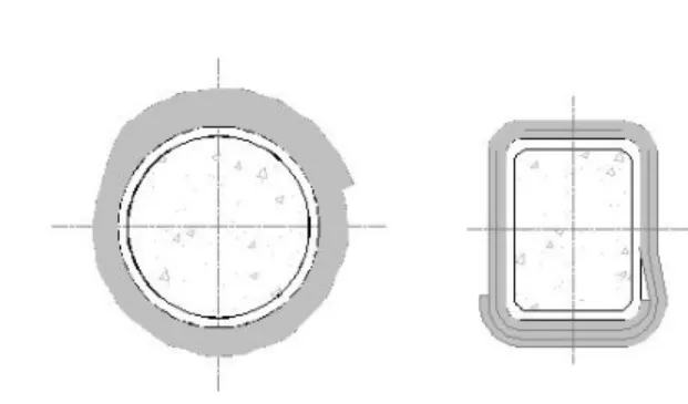 Fig. 1 FRP쉬트가  보강된  CFT기둥의  개념 Fig 1과  같이  CFT기둥의  강관표면에  CFRP쉬트를  후프방향 (Hoop-direction)으로 부착하여 보강을 한다