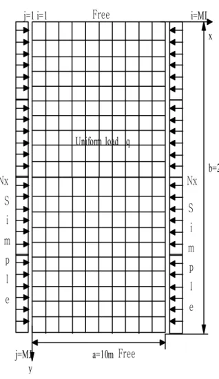 Fig. 4 Modeling of Slab Bridge 특별직교 이방성 이론에 의한 경우4.1 본 연구에서는 x 방향이 단순지지 되고 y 방향이 자유인 경계조건을 갖는 경우의 x = 1 m, 3 m, 5 m, 7 m, 9 m 에서의 100 kN, 200 kN, 400 kN, 700 kN, 의 축방향 하중을 증가시키며 고찰하였다 1000 kN 