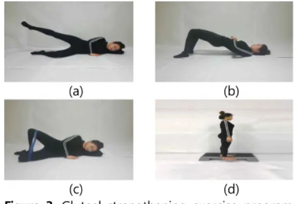 Figure  3.  Gluteal  strengthening  exercise  program  (a)  hip  abduction  exercise,  (b)  bridge  exercise, 