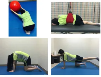 Fig 1. Thoracic Mobility Exercise     1)  흉추가동성  운동 (1)  옆구리  신장시키기-1 ①  엉덩이를  발뒤꿈치에  붙이고  엉덩이가  뒤꿈치에 서  떨어지지  않도록  하며  양손을  볼에  붙이면서  앞으로  최대한  뻗어준다