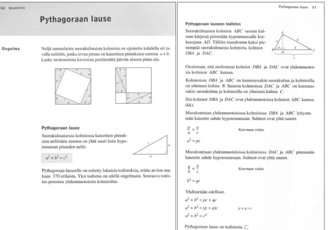 [그림 Ⅲ-8]과 같이 피타고라스의 정리는 8학년에서 증명 없이 정리를 제시하고 여러 가지  문제를 해결합니다. 9학년에서도 직각삼각형의 변의 길이를 구하는 문제를 취급합니다