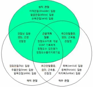 Fig  1.  Orthopedic  manual  physical  therapy  concept  illustration           2.  교과목의  학습내용  및  학습계획 1)  학습내용 정형도수물리치료의  주요  ‘학습내용’은  기본개념에  대해  ‘그룹토론’을  통한  학습  동기유발로  시작한다
