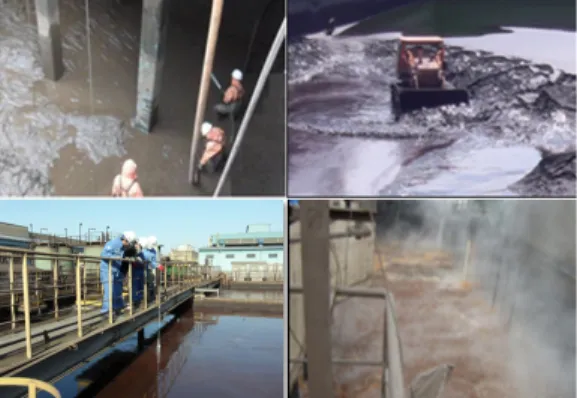 Fig. 1 General cleaning work methods and cistern  environments 이러한 산업현장 내 침전물 청소작업의 효율적  수행을 위하여 고효율 수중청소로봇 플랫폼을 개 발하여 현장 실증실험을 통하여 실제적 활용성을  확인하였다