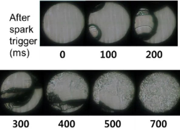 Fig. 4 Combustion process visualized by shadowgraph  diagnosis Fig. 4에는 Shadowgraphy  기법으로 촬영된 연소 과정을 나타낸다