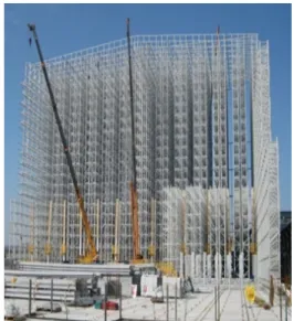 Fig. 1 Structural view of rack type warehouse which  is under construction 자동창고의 화재 발생 시 초기 화재 진압에 실 패하여 화재가 성장하면 내부 적재물에 의한 높 은 화재화중으로 인해 재산 손실 및 영업의 연속 성에 대한 피해,  인명피해와 함께 건축물 자체의  붕괴 위험성까지 있다