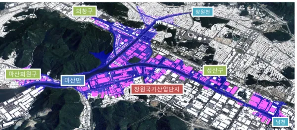 Fig. 8. Results of flood simulation on 3-dimensional urban information model
