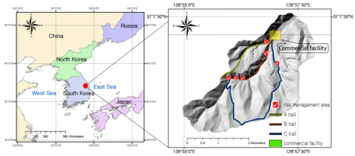 Fig. 2. Study area 3.2 자료구축 사면안정성을 평가하기 위해서는 Eq. (1)에서 제시하는 매개변수에 대한 래스터 데이터가 필요하다. 본 연구에서는 안전 율을 산정하기 위해 ArcGIS 9.3.1을 이용하여 한국국토지리정보원에서 제공하는 1:5,000수치지형도로부터 DEM을 1 m해 상도로 추출하였고 이를 토대로 경사도를 생성하였다