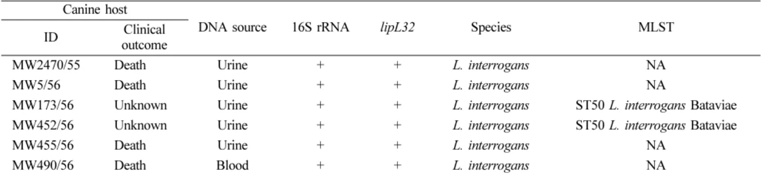 Table 1. Molecular characterization of Leptospira based on 16S rRNA, lipL32 and MLST Canine host
