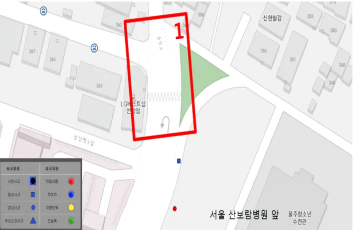 Fig. 9. Seoul Boram Hospital front point of the accident (2012-2014) and spatial analysis