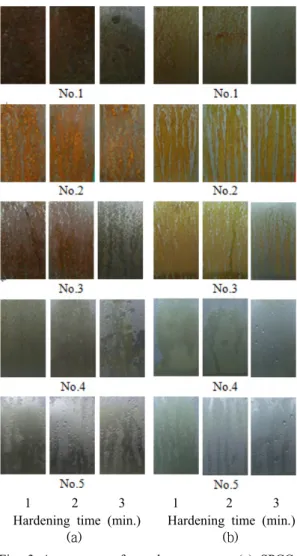 Fig. 3 Appearance after salt spray test. (a) SPCC,  (b) SPFC590