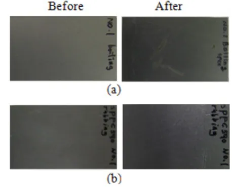 Fig. 7 Results of bending resistance test with  coating of No. 1 solution. (a) SPCC, (b)  SPFC590
