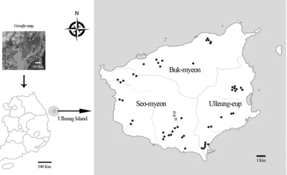 Fig. 1. Spatial distribution of all cattle farms on Ulleung Island, Korea. The three study regions (Ulleung-eup, Seo-myeon and Buk- Buk-myeon) are indicated