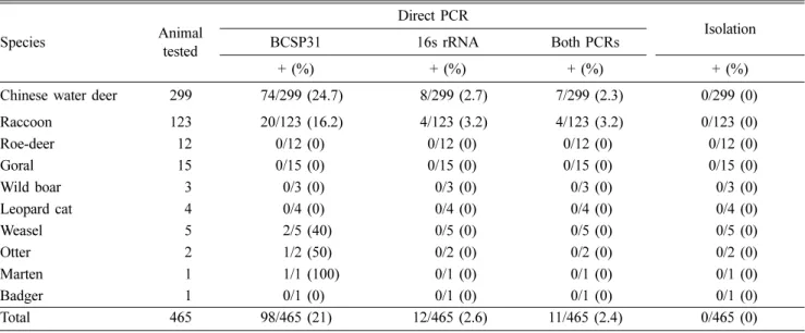 Table 2. Prevalence of  Brucella in tissue samples of wildlife in 2011–2013 Species Animal  tested Direct PCR IsolationBCSP3116s rRNABoth PCRs + (%) + (%) + (%) + (%)