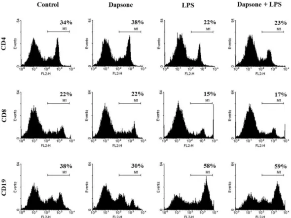 Fig. 2. Dapsone does not alter the subsets of spleen cells. The cells were seeded at a concentration of 2 × 10 6  cells/mL in 6-well culture plates and treated with 50 µg/mL dapsone and 1 µg/mL LPS