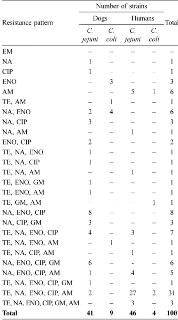 Table 3. Drug resistance patterns of C. jejuni and C. coli isolates from dogs and humans