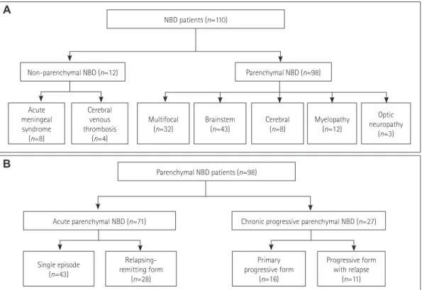 Fig. 2. Classification of patients with NBD. Classification of 110 patients with NBD based on the clinical syndrome (A) and classification of 98 pa- pa-tients with parenchymal NBD based on the clinical course (B)