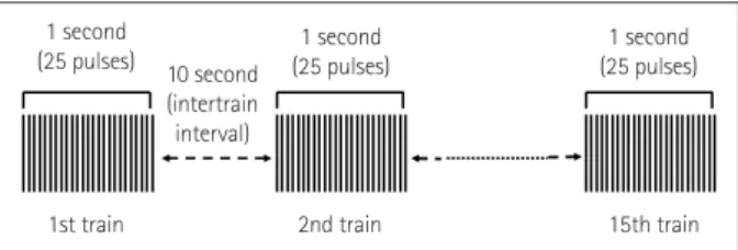 Fig. 1. One block of the protocol for repetitive transcranial magnetic  stimulation. The intertrain interval is the interval between the last  pulse of a train to the first pulse of the next train