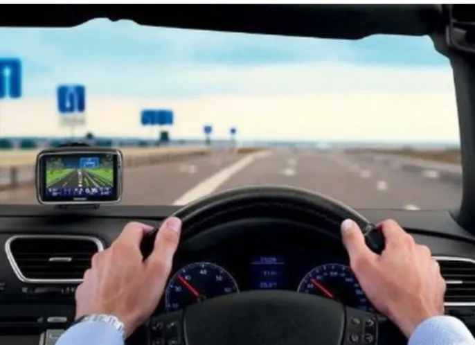 Fig. 2.  Usefulness of the HUD-based navigation system. (a) general  navigation service (b) safety service using the AR-based contents.