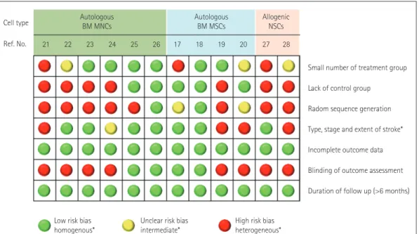 Fig. 3. Summary table for the risk of bias from different items for each clinical trial of stem cells in patients with stroke