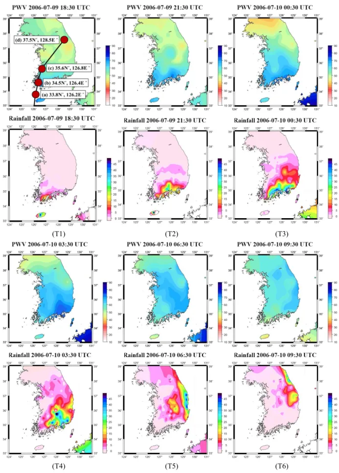 Fig. 3.  Comparison of the one-hour average PWV and the cumulative rainfall in areas affected by Typhoon EWINIAR (unit: mm).