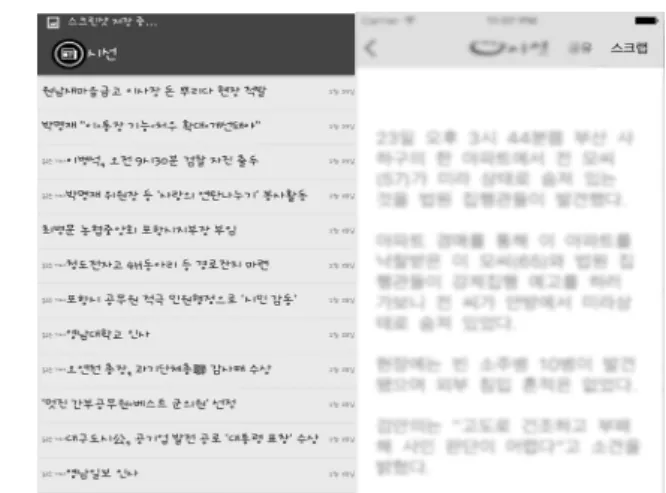 그림 2. 검색 필드 선택 만 TTS 기능을 사용하는 시각 장애인들은 기사 제목을 보지  못하고, 오직 들을 수만 있기 때문에 지금 선택된 기사가 읽은  기사인지를 정확하게 판단하기 위해서는 기사 제목을 끝까지  들어야 하는 불편함이 있다
