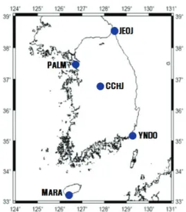 Fig. 2.  YNDO, JEOJ, PALM, MARA, and CCHJ reference stations.