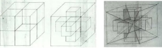 그림  7.  입방체와  떼세랙  도식(Cube  with  construction  lines  and  tesseract  in  cube),  대각선과  색면이  포함된  입방체와  떼세랙(tesseract  in  cube  with  intersection  lines  and  color 