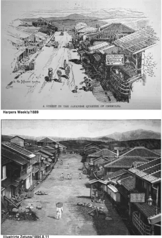 그림 4. Harper‘s Weekly, Illustrirte Zetung의 일러스트 그림 5. 일러스트와 사진 및 엽서자료의 형태비교 분석관계를 분석해 새로운 건물의 존재가능성을 입증하는본 연구는 비문자매체가 없었다면 실현이 불가능했을수도 있다.(1) 일러스트 이미지‘Hotel DAIBUTSU’라는 간판이 달린 일러스트 이미지 2매가 있다